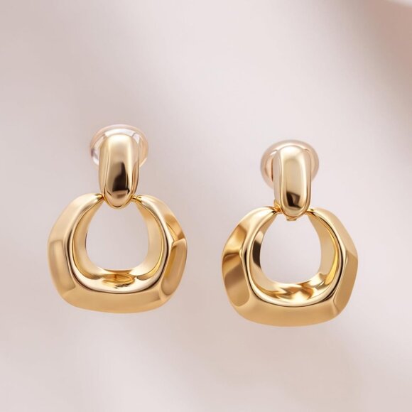 Clip On Earrings Gold-Plated Brass Hoop Hypoallergenic Statement Jewelry - Picture 2 of 6